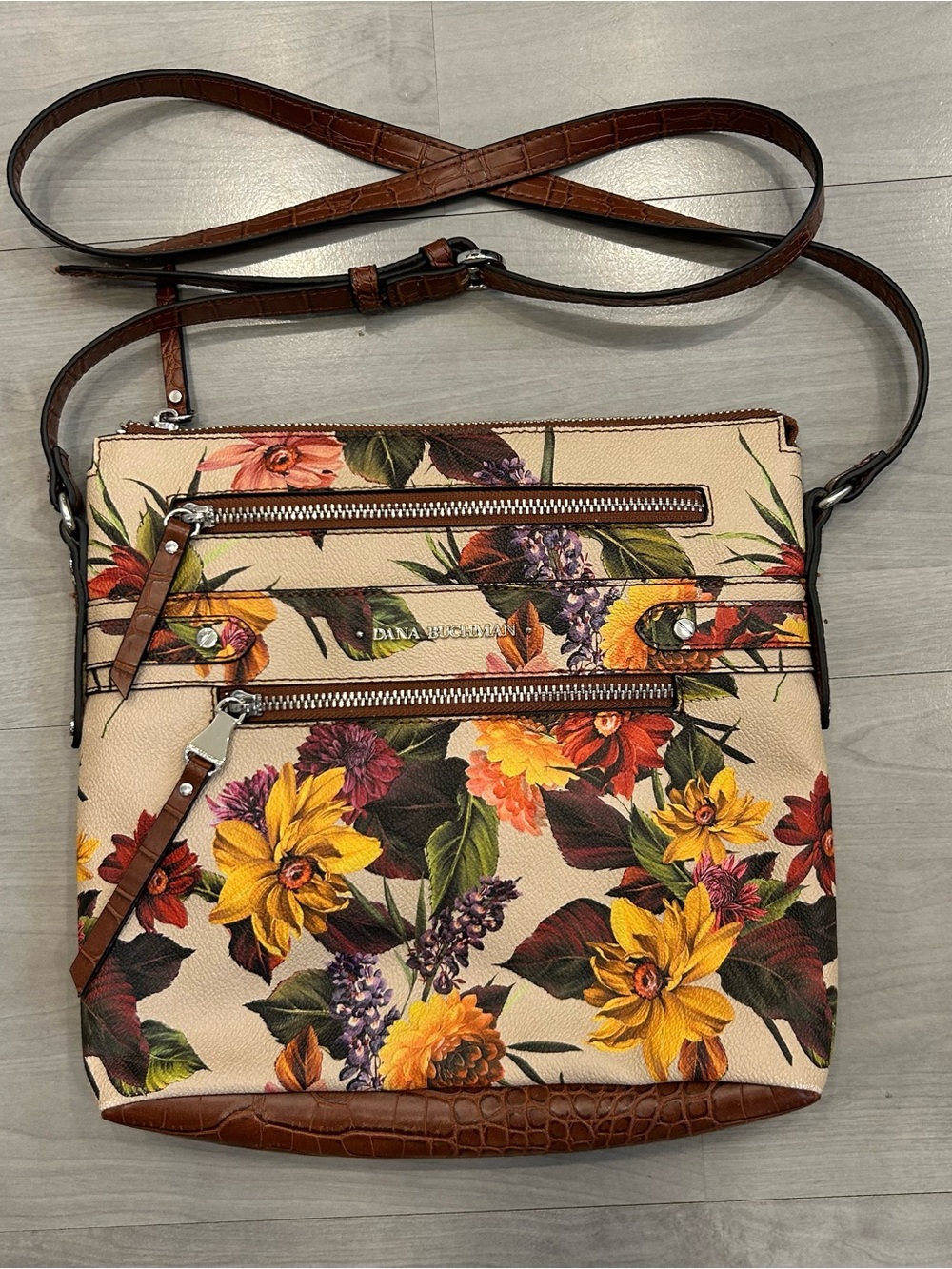 Dana Buchman Floral Crossbody Bag Multi Color Faux Leather Zip Pockets